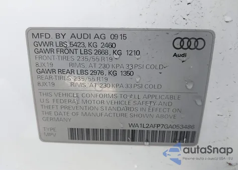 2016 Audi Q5 2.0T Premium from USA, damaged, VIN WA1L2AFP7GA053486